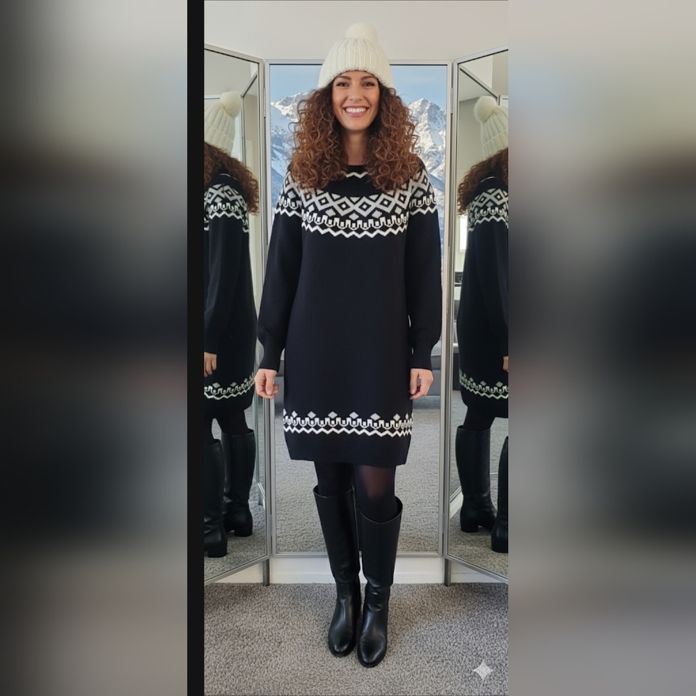 Scandi Girl Knit Fair Isle Artisy Nordic Medium Knit Cottage Sweater Dress